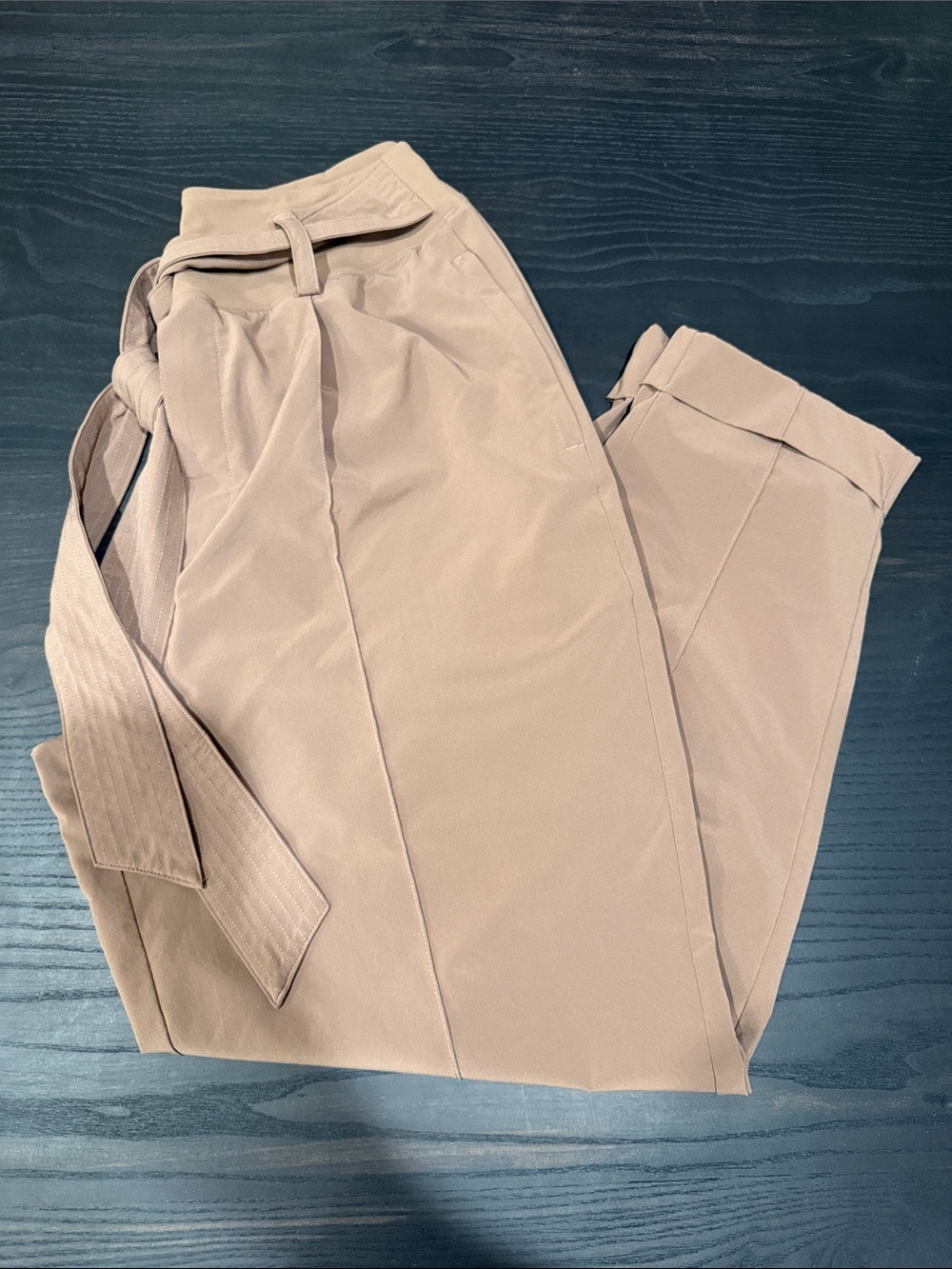 Athleta Women’s High-Waist Tie-Belt Trousers in Light Beige